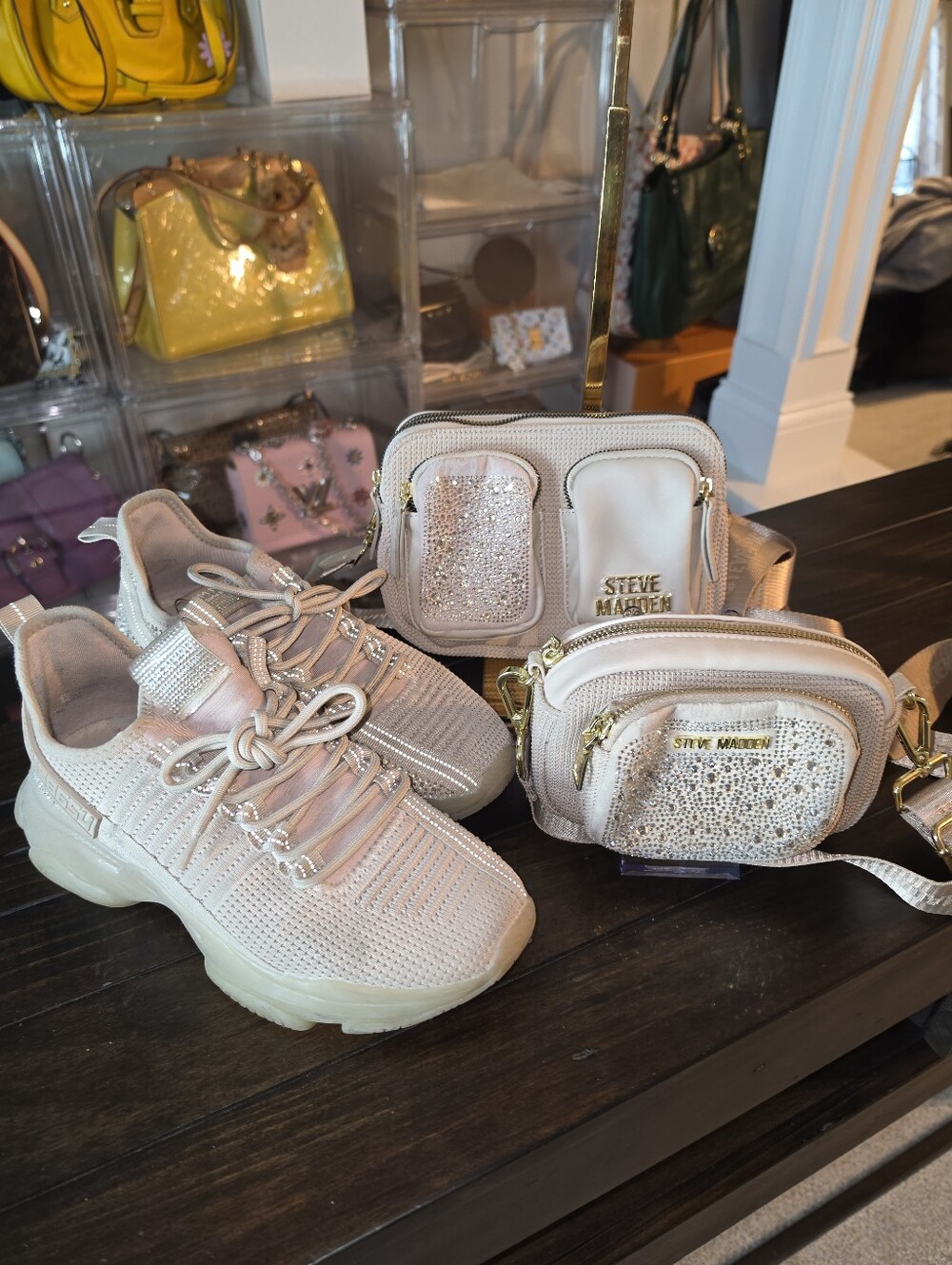 Steve Madden Blush Beige Sparkle Knit Sneakers with Matching Crossbody Bags